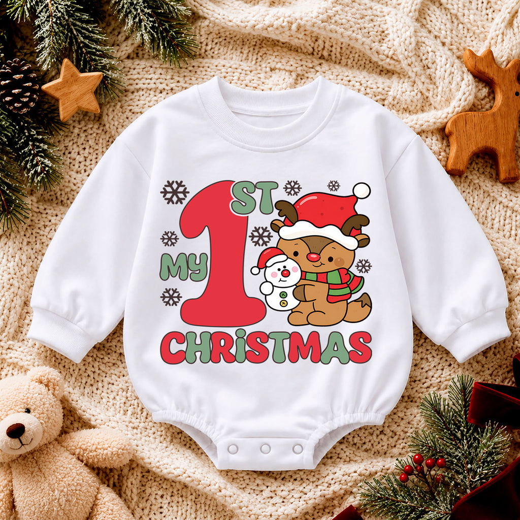 Baby First Christmas Romper, Cute Reindeer Snowman Holiday Outfit, My 1st Christmas Romper, Toddler Christmas Baby Gift — product view 4
