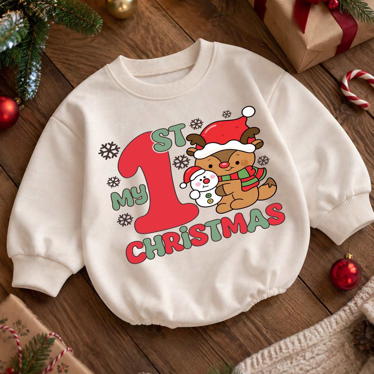 Baby First Christmas Romper, Cute Reindeer Snowman Holiday Outfit, My 1st Christmas Romper, Toddler Christmas Baby Gift — product view 5