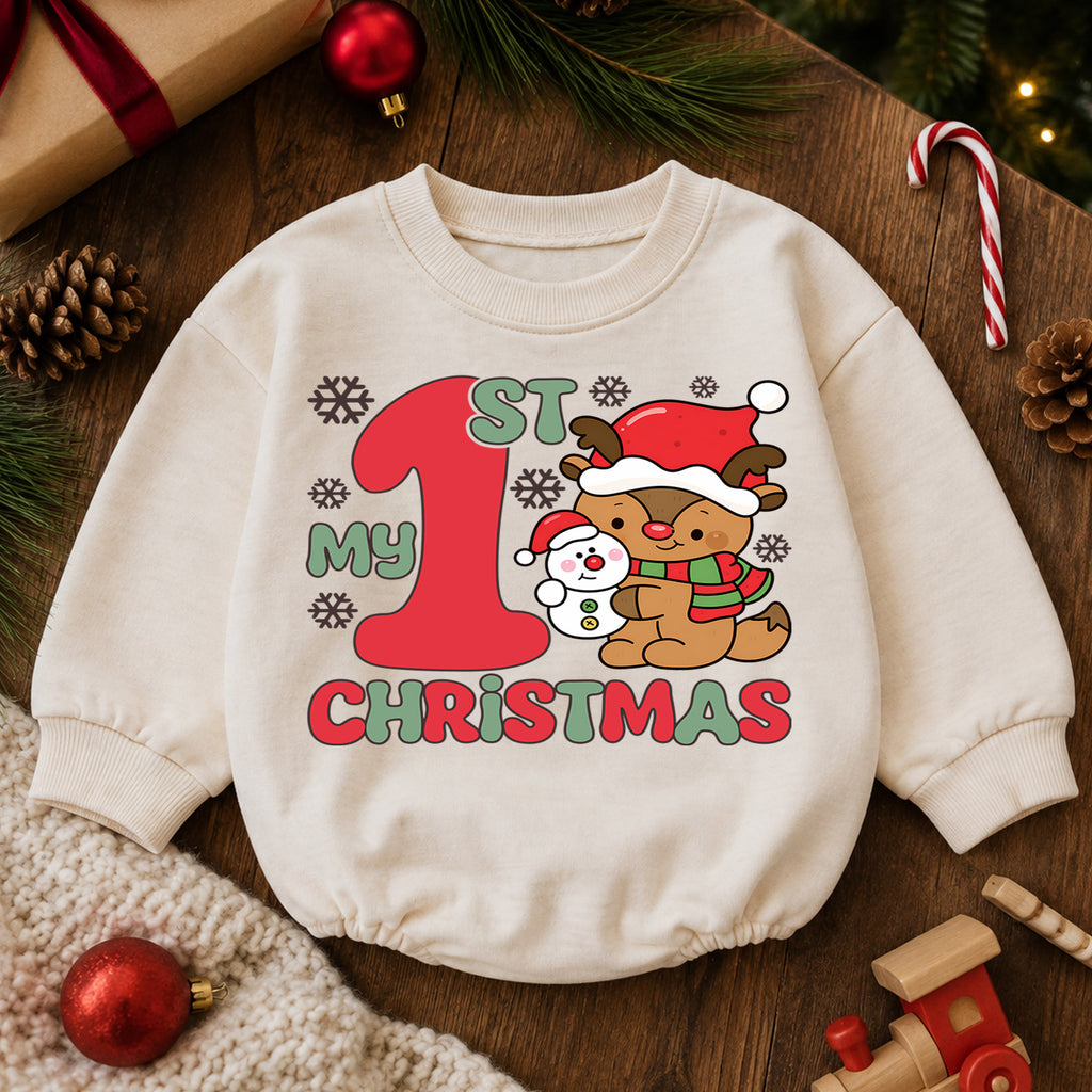 Baby First Christmas Romper, Cute Reindeer Snowman Holiday Outfit, My 1st Christmas Romper, Toddler Christmas Baby Gift — product view 6