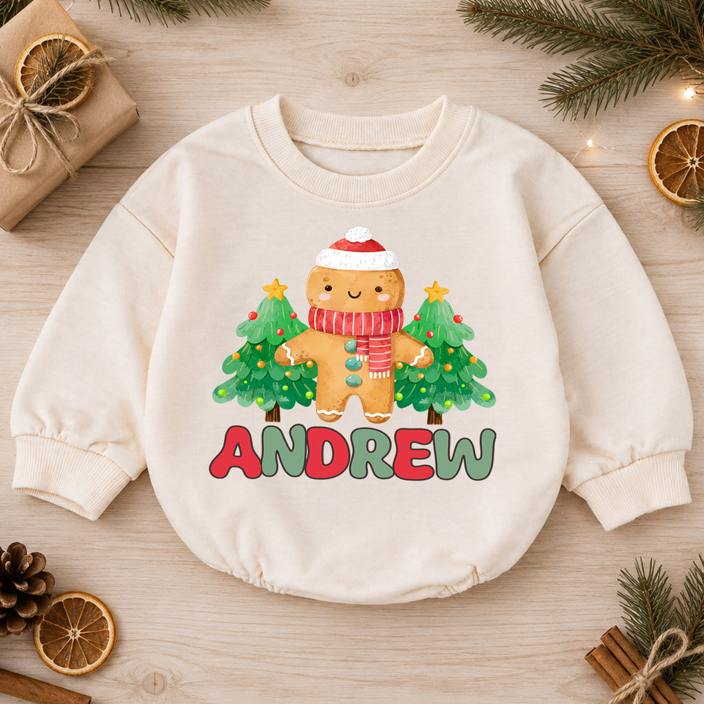 Personalized Gingerbread Christmas Romper, Custom Name Tree Holiday Outfit, 1st Christmas Baby Gift, My First Birthday Keepsake — product view 1