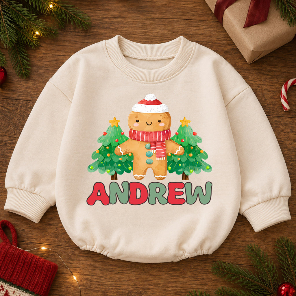 Personalized Gingerbread Christmas Romper, Custom Name Tree Holiday Outfit, 1st Christmas Baby Gift, My First Birthday Keepsake — product view 2