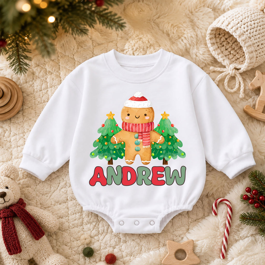 Personalized Gingerbread Christmas Romper, Custom Name Tree Holiday Outfit, 1st Christmas Baby Gift, My First Birthday Keepsake — product view 3
