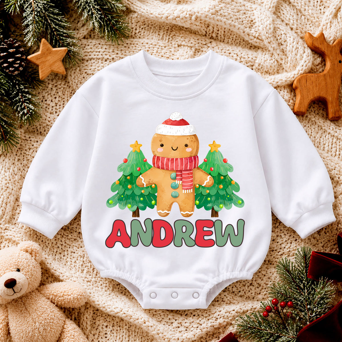 Personalized Gingerbread Christmas Romper, Custom Name Tree Holiday Outfit, 1st Christmas Baby Gift, My First Birthday Keepsake — product view 4
