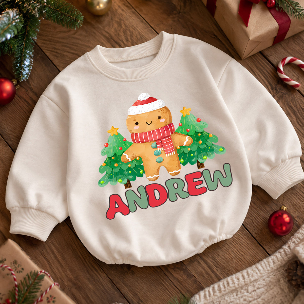 Personalized Gingerbread Christmas Romper, Custom Name Tree Holiday Outfit, 1st Christmas Baby Gift, My First Birthday Keepsake — product view 5