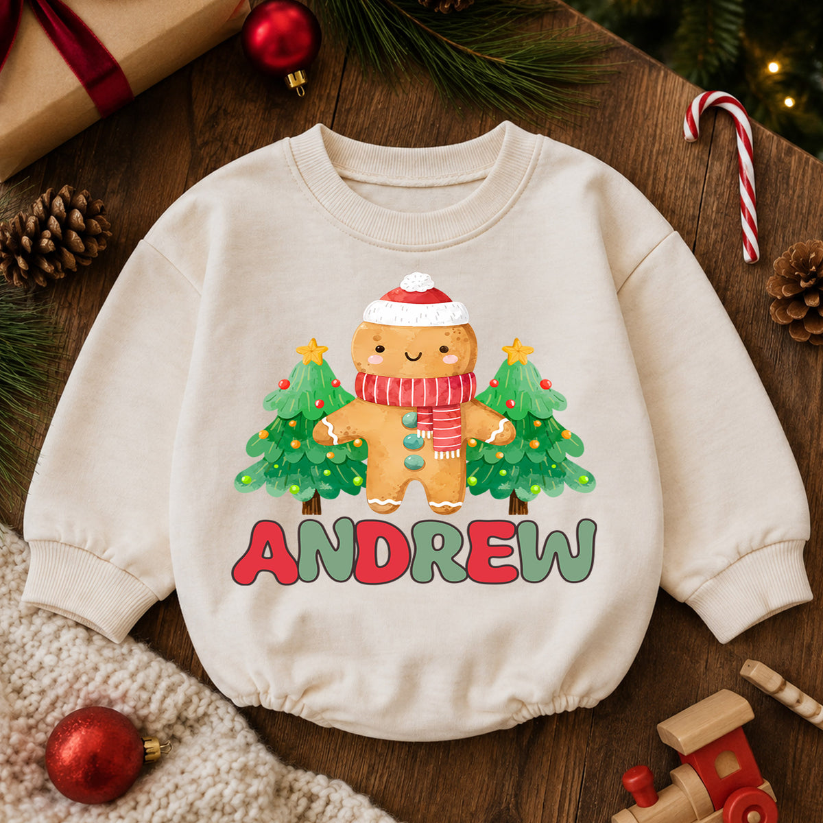 Personalized Gingerbread Christmas Romper, Custom Name Tree Holiday Outfit, 1st Christmas Baby Gift, My First Birthday Keepsake — product view 6
