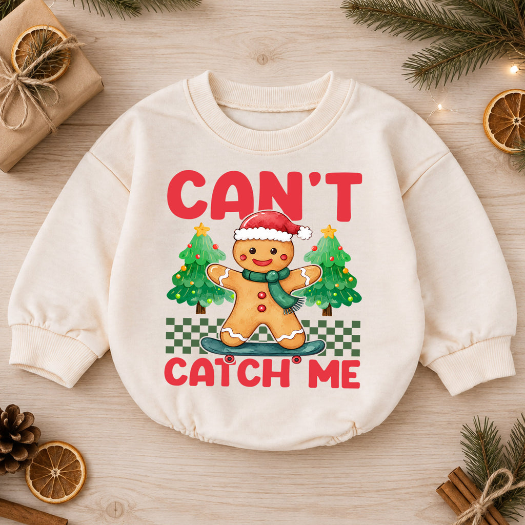 Gingerbread Christmas Romper, Can't Catch Me Skateboard Holiday Romper, Cute Baby Christmas Romper, Festive Gingerbread Outfit — product view 1