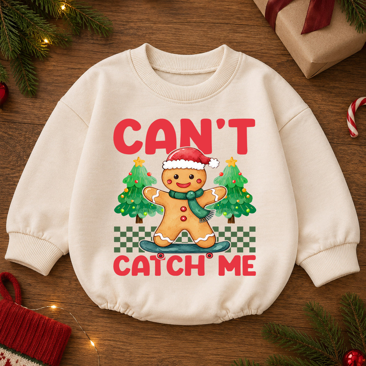 Gingerbread Christmas Romper, Can't Catch Me Skateboard Holiday Romper, Cute Baby Christmas Romper, Festive Gingerbread Outfit — product view 2