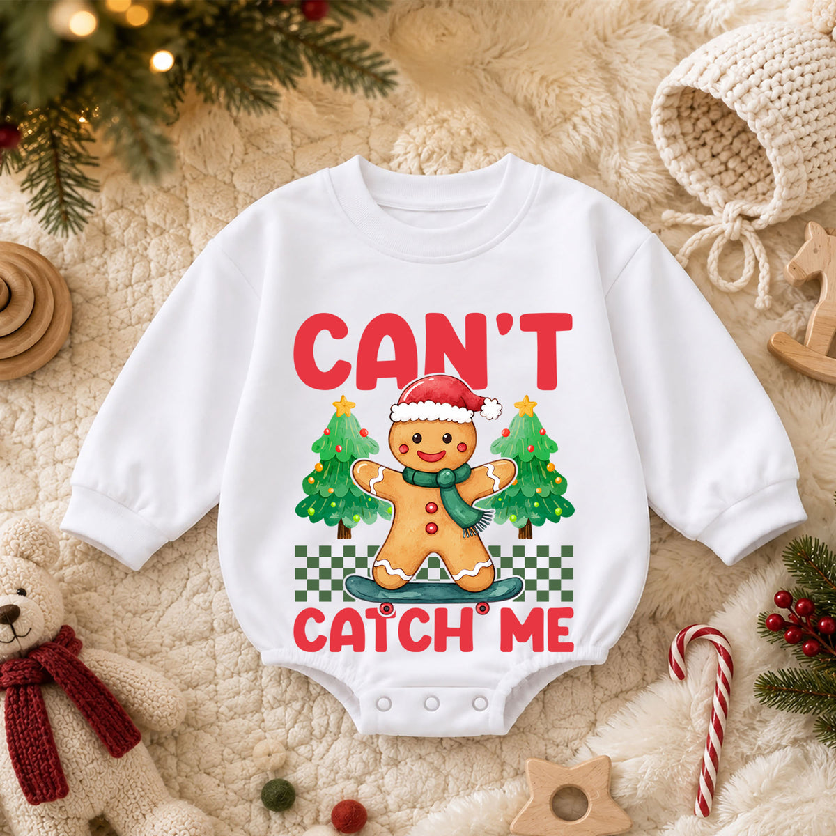 Gingerbread Christmas Romper, Can't Catch Me Skateboard Holiday Romper, Cute Baby Christmas Romper, Festive Gingerbread Outfit — product view 3