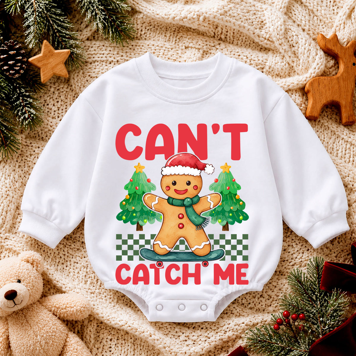 Gingerbread Christmas Romper, Can't Catch Me Skateboard Holiday Romper, Cute Baby Christmas Romper, Festive Gingerbread Outfit — product view 4