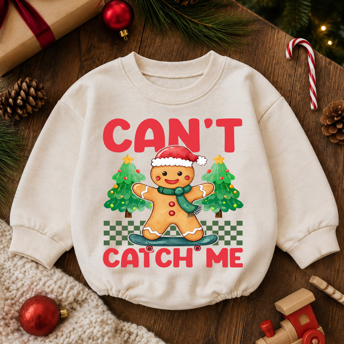 Gingerbread Christmas Romper, Can't Catch Me Skateboard Holiday Romper, Cute Baby Christmas Romper, Festive Gingerbread Outfit — product view 6
