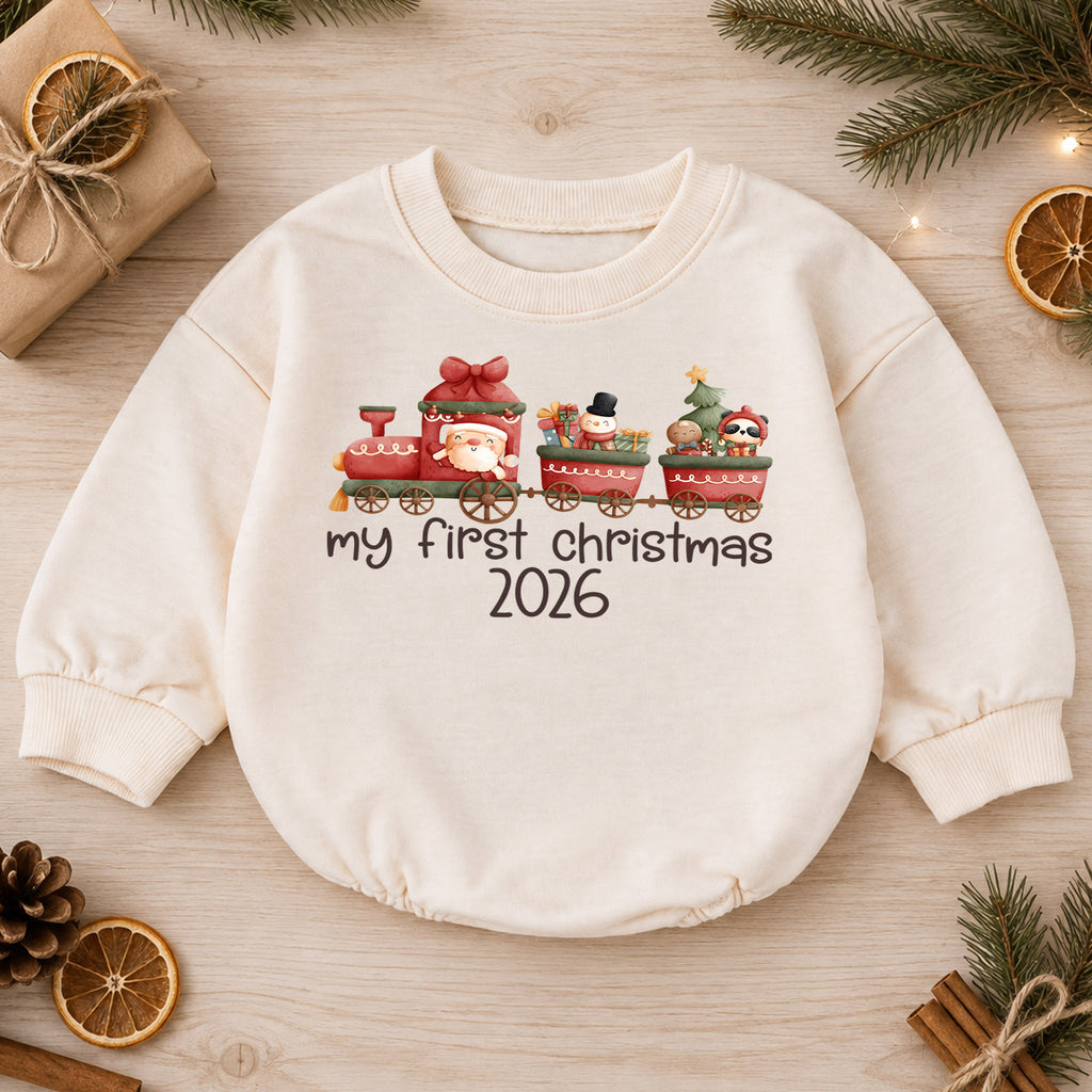 My First Christmas 2026 Romper, Baby Christmas Train Romper, First Holiday Outfit, Cute Santa Train Christmas Gift, Infant Holiday Romper — product view 1