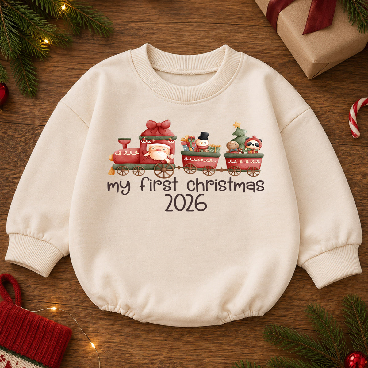 My First Christmas 2026 Romper, Baby Christmas Train Romper, First Holiday Outfit, Cute Santa Train Christmas Gift, Infant Holiday Romper — product view 2