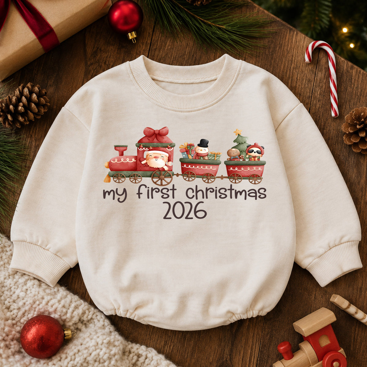 My First Christmas 2026 Romper, Baby Christmas Train Romper, First Holiday Outfit, Cute Santa Train Christmas Gift, Infant Holiday Romper — product view 6
