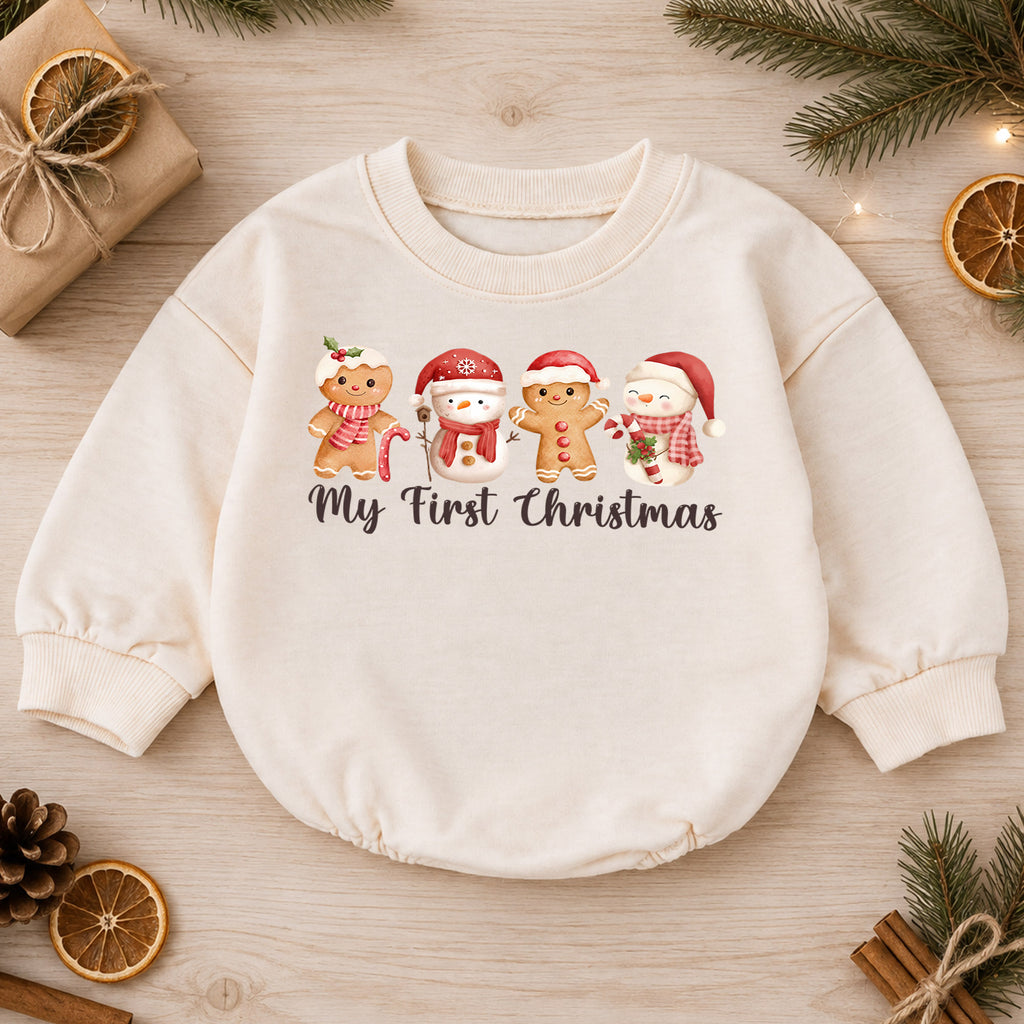 My First Christmas Romper, Baby Gingerbread Christmas Romper, Snowman Holiday Romper, Cute First Christmas Outfit, Festive Baby Gift — product view 1