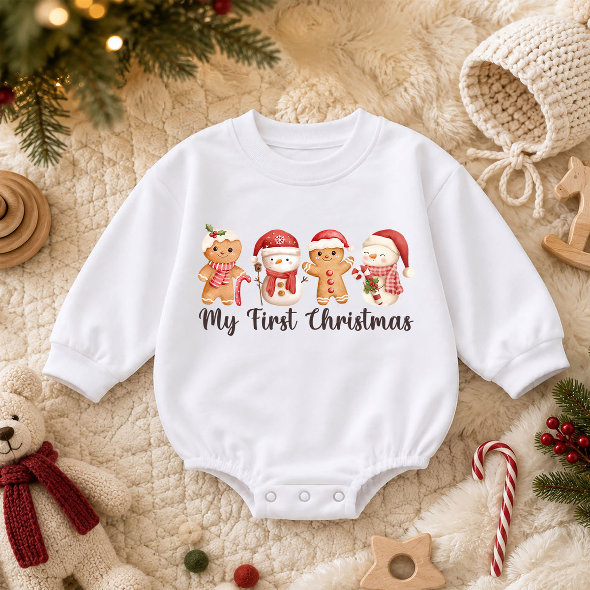 My First Christmas Romper, Baby Gingerbread Christmas Romper, Snowman Holiday Romper, Cute First Christmas Outfit, Festive Baby Gift — product view 3
