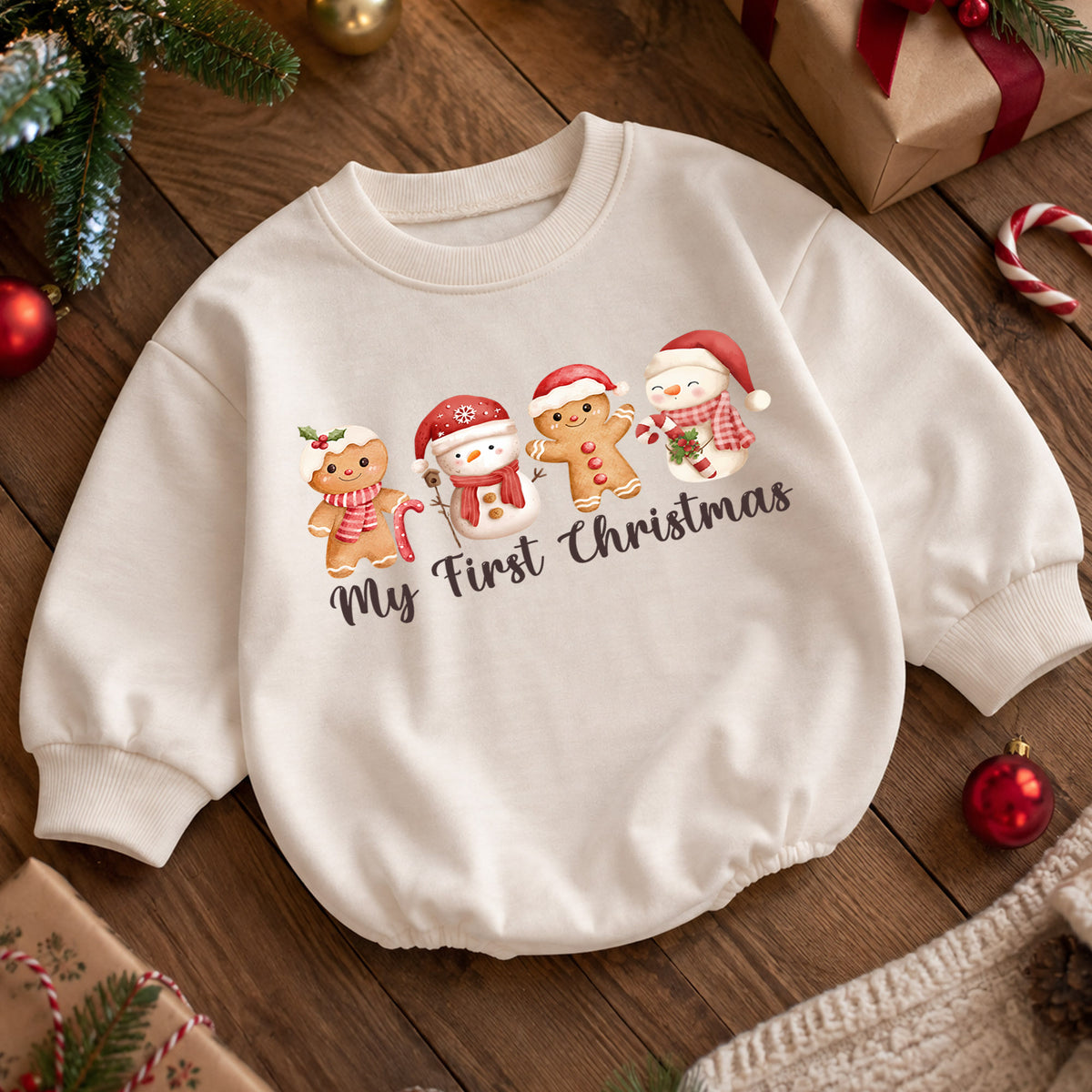 My First Christmas Romper, Baby Gingerbread Christmas Romper, Snowman Holiday Romper, Cute First Christmas Outfit, Festive Baby Gift — product view 5