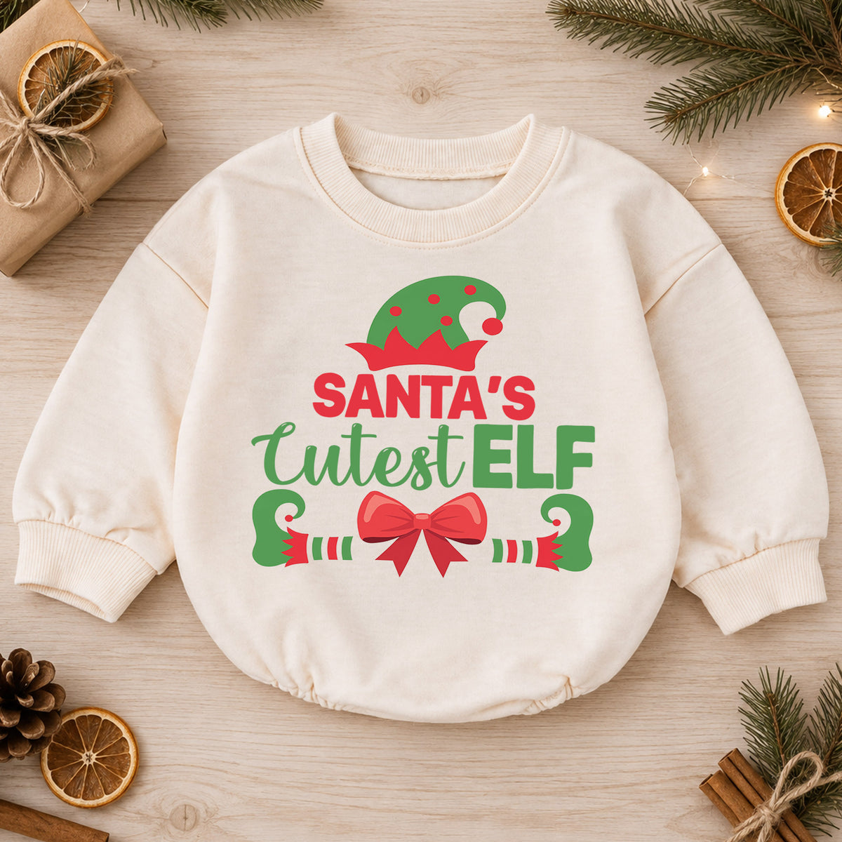Santa's Cutest Elf Baby Romper, Cute Christmas Elf Holiday Outfit, Toddler Xmas Romper, 1st Santa Helper Christmas Gift for Baby — product view 1