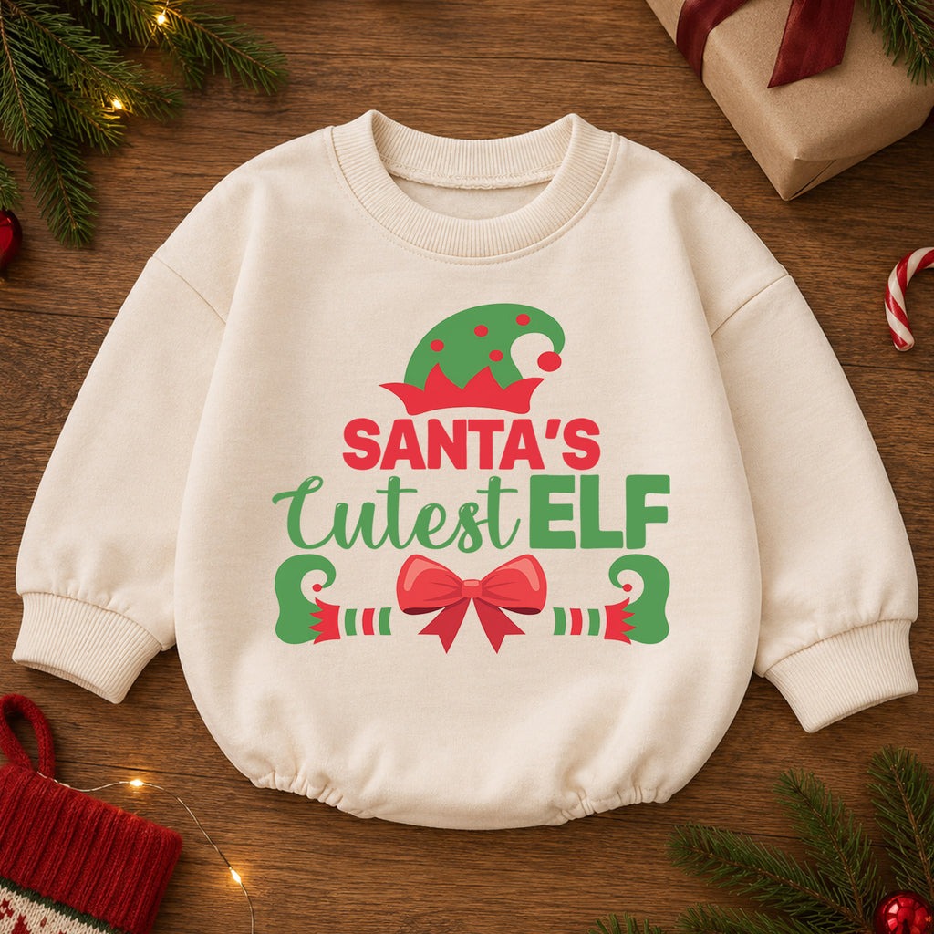 Santa's Cutest Elf Baby Romper, Cute Christmas Elf Holiday Outfit, Toddler Xmas Romper, 1st Santa Helper Christmas Gift for Baby — product view 2