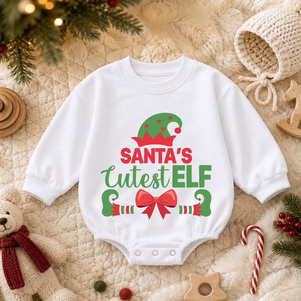 Santa's Cutest Elf Baby Romper, Cute Christmas Elf Holiday Outfit, Toddler Xmas Romper, 1st Santa Helper Christmas Gift for Baby — product view 3