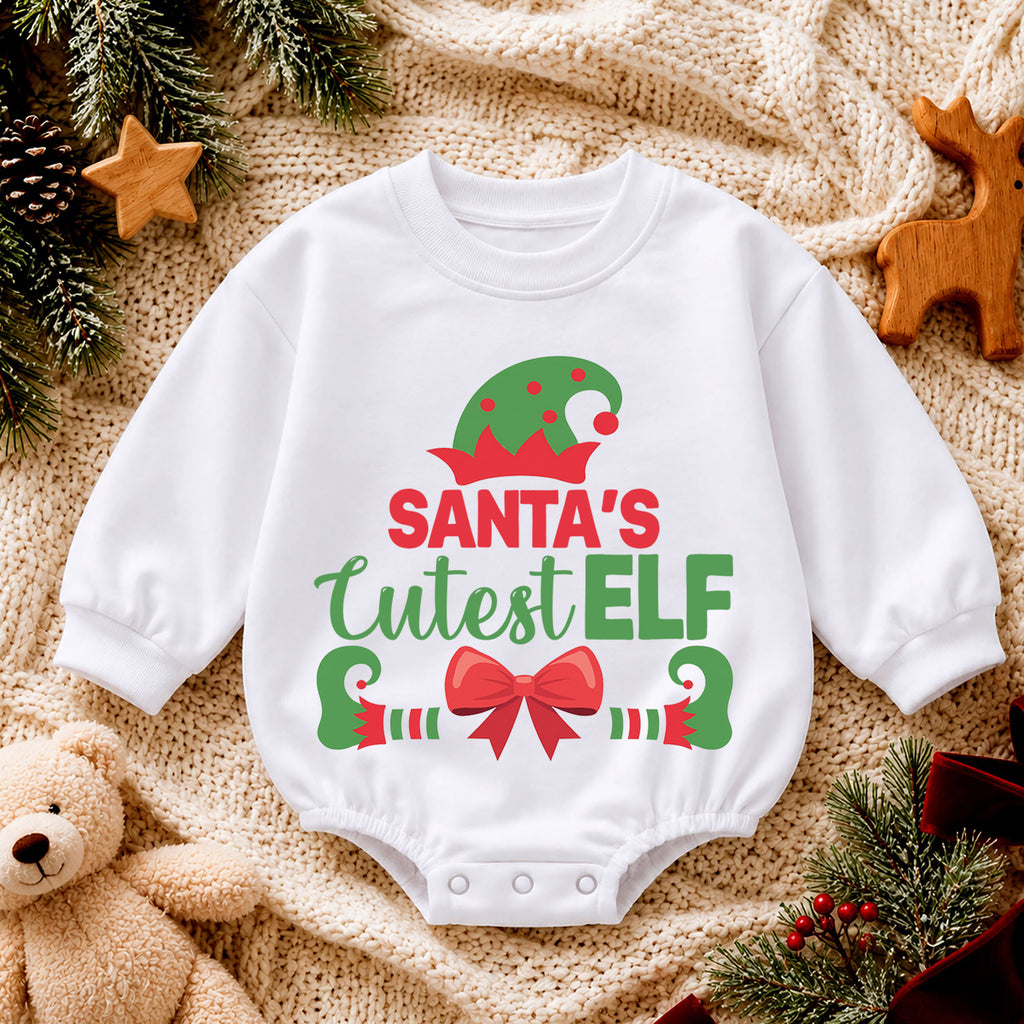 Santa's Cutest Elf Baby Romper, Cute Christmas Elf Holiday Outfit, Toddler Xmas Romper, 1st Santa Helper Christmas Gift for Baby — product view 4