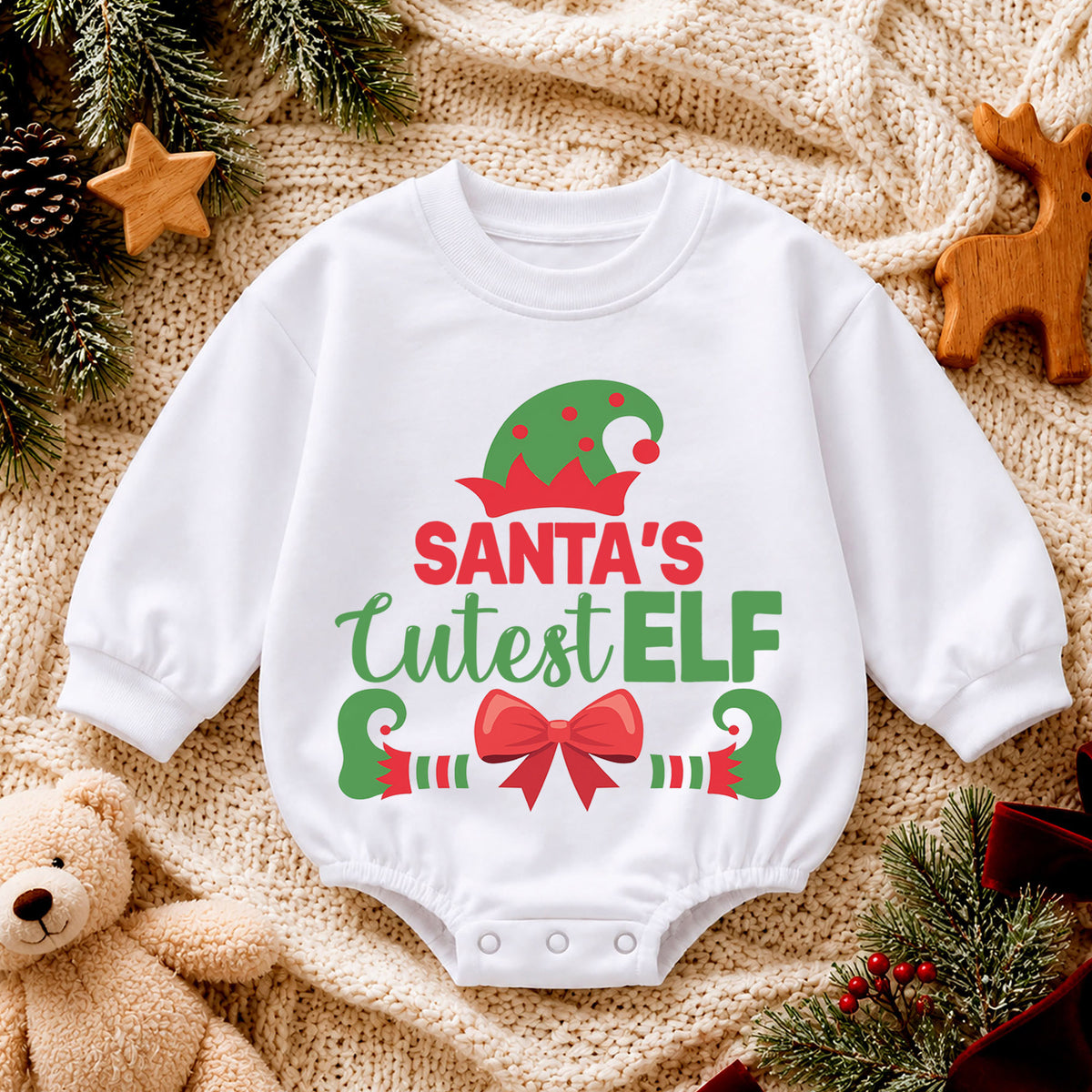 Santa's Cutest Elf Baby Romper, Cute Christmas Elf Holiday Outfit, Toddler Xmas Romper, 1st Santa Helper Christmas Gift for Baby — product view 4
