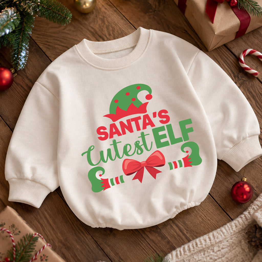 Santa's Cutest Elf Baby Romper, Cute Christmas Elf Holiday Outfit, Toddler Xmas Romper, 1st Santa Helper Christmas Gift for Baby — product view 5