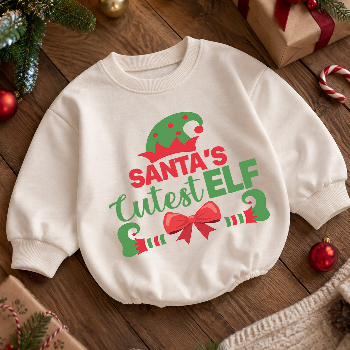 Santa's Cutest Elf Baby Romper, Cute Christmas Elf Holiday Outfit, Toddler Xmas Romper, 1st Santa Helper Christmas Gift for Baby — product view 5
