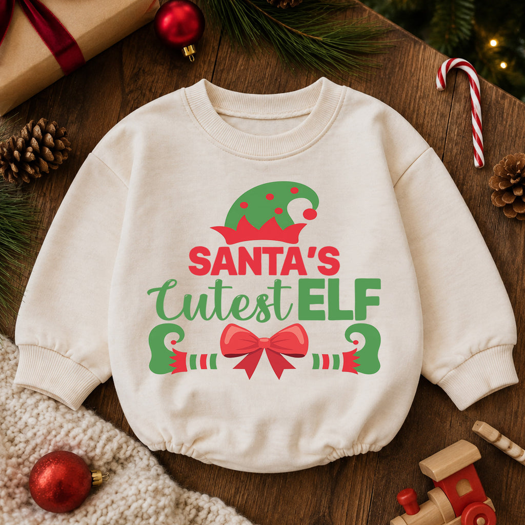 Santa's Cutest Elf Baby Romper, Cute Christmas Elf Holiday Outfit, Toddler Xmas Romper, 1st Santa Helper Christmas Gift for Baby — product view 6