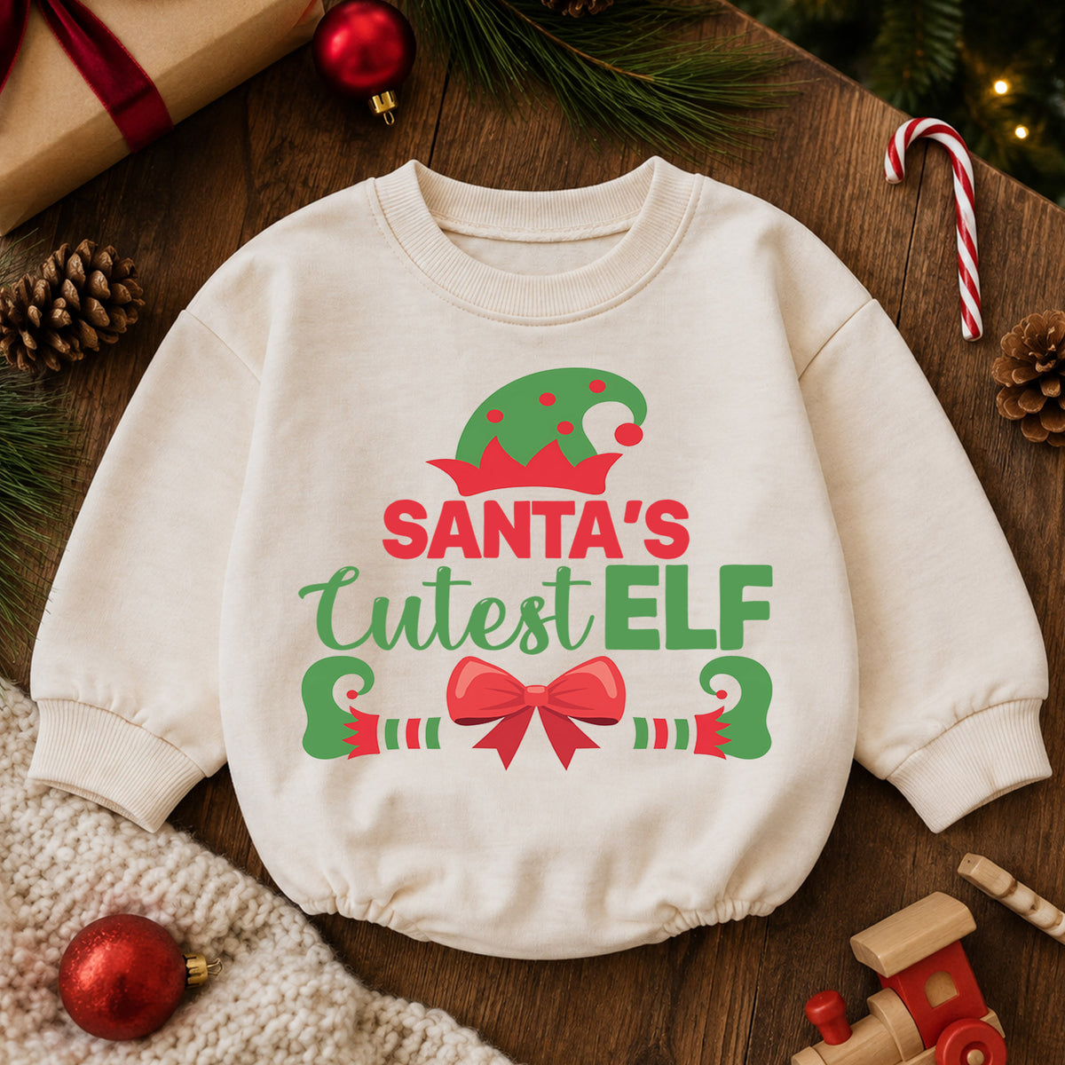 Santa's Cutest Elf Baby Romper, Cute Christmas Elf Holiday Outfit, Toddler Xmas Romper, 1st Santa Helper Christmas Gift for Baby — product view 6