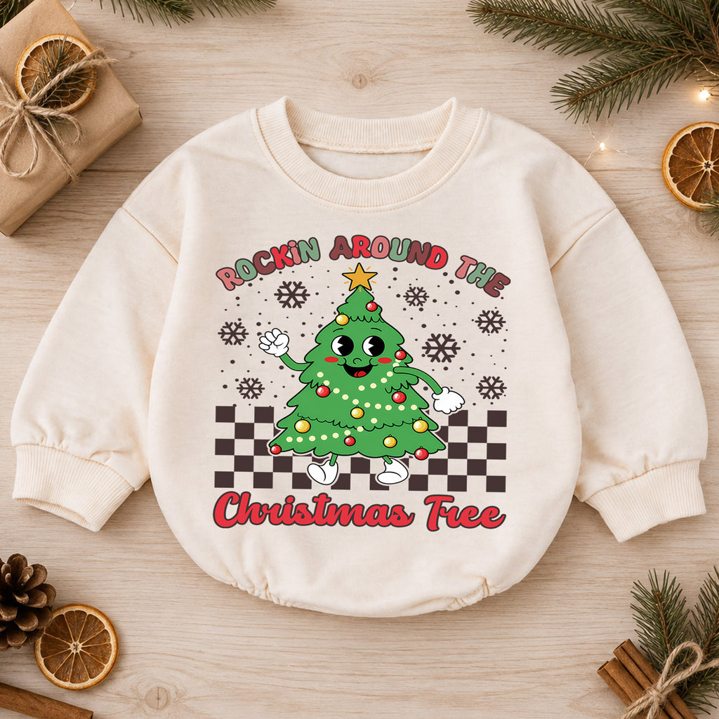 Rockin Around the Christmas Tree Romper, Retro Baby Holiday Outfit, 1st Christmas Keepsake, 1st Birthday Christmas Gift for Baby — product view 1
