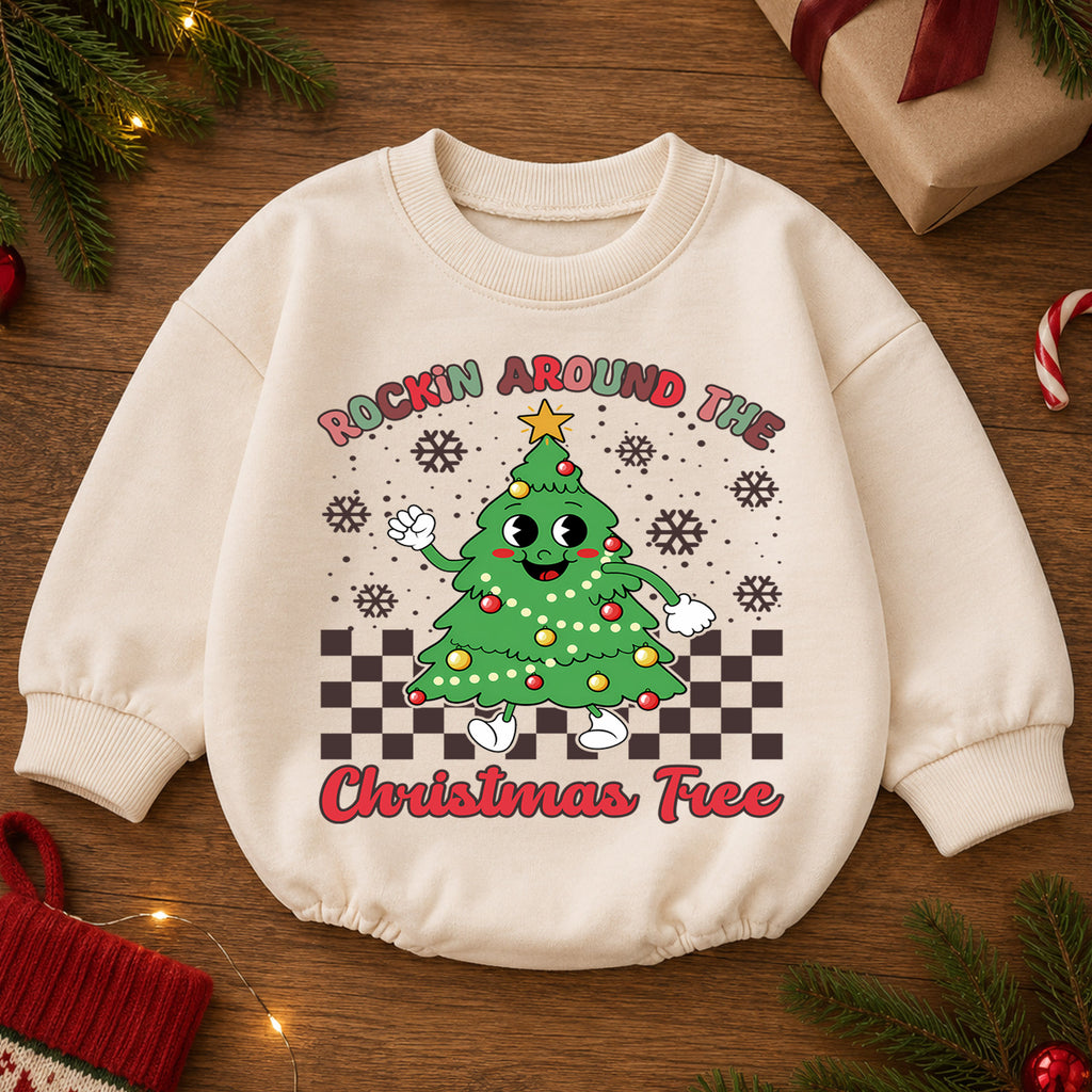 Rockin Around the Christmas Tree Romper, Retro Baby Holiday Outfit, 1st Christmas Keepsake, 1st Birthday Christmas Gift for Baby — product view 2