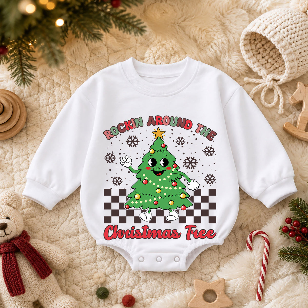 Rockin Around the Christmas Tree Romper, Retro Baby Holiday Outfit, 1st Christmas Keepsake, 1st Birthday Christmas Gift for Baby — product view 3