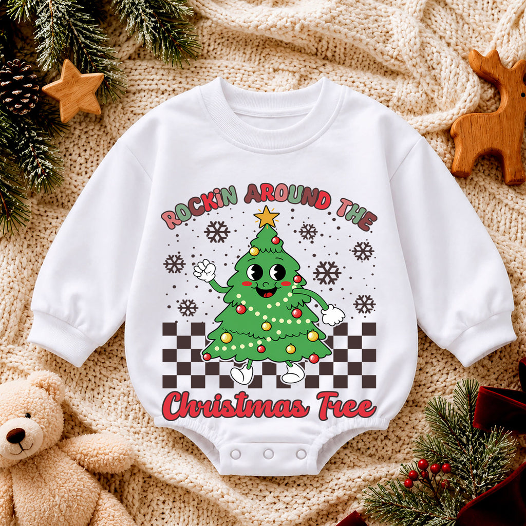 Rockin Around the Christmas Tree Romper, Retro Baby Holiday Outfit, 1st Christmas Keepsake, 1st Birthday Christmas Gift for Baby — product view 4