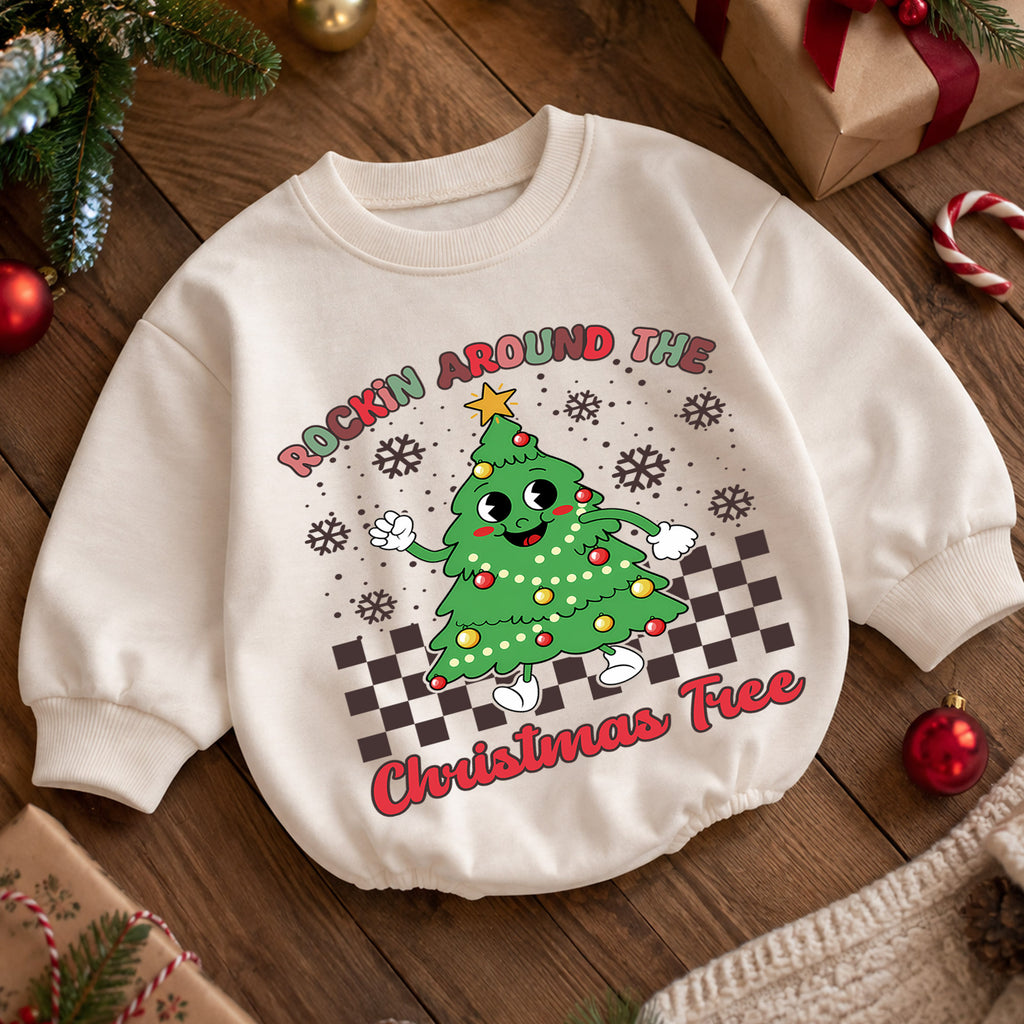 Rockin Around the Christmas Tree Romper, Retro Baby Holiday Outfit, 1st Christmas Keepsake, 1st Birthday Christmas Gift for Baby — product view 5