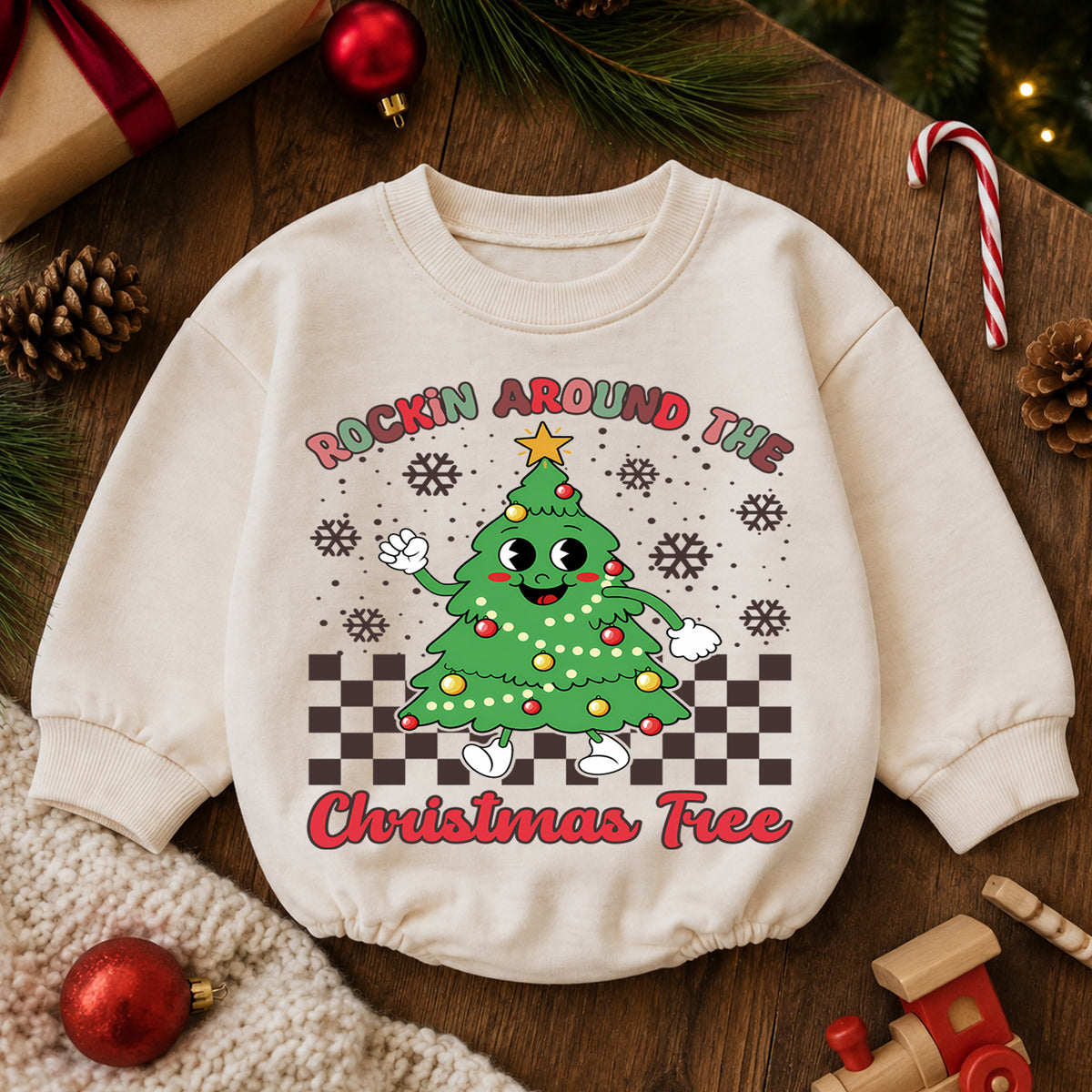 Rockin Around the Christmas Tree Romper, Retro Baby Holiday Outfit, 1st Christmas Keepsake, 1st Birthday Christmas Gift for Baby — product view 6