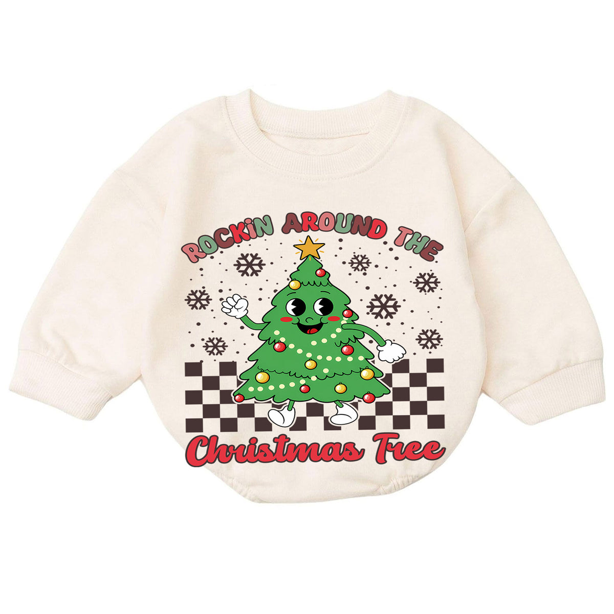 Rockin Around the Christmas Tree Romper, Retro Baby Holiday Outfit, 1st Christmas Keepsake, 1st Birthday Christmas Gift for Baby — product view 7