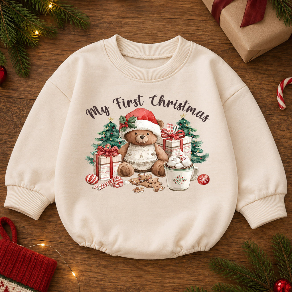 My First Christmas Baby Romper, Teddy Bear Holiday Outfit, Cute Christmas Tree Baby Clothes, Sweet 1st Christmas Gift for Baby — product view 2
