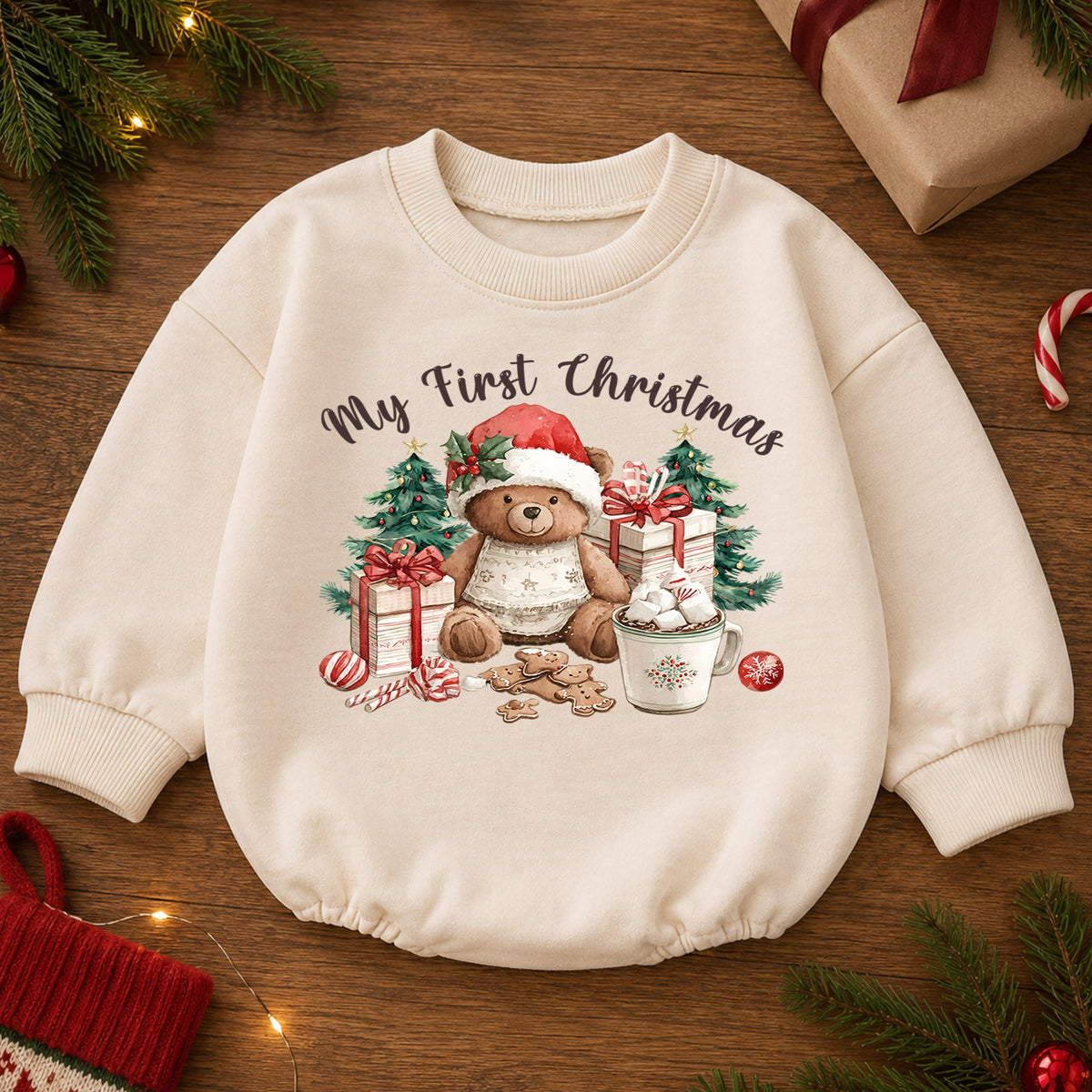 My First Christmas Baby Romper, Teddy Bear Holiday Outfit, Cute Christmas Tree Baby Clothes, Sweet 1st Christmas Gift for Baby — product view 2