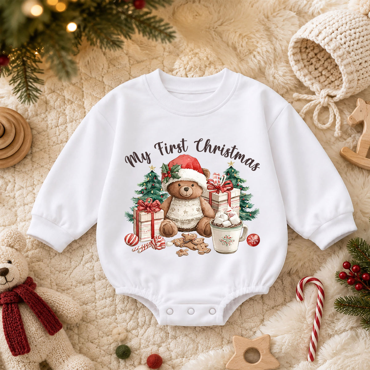 My First Christmas Baby Romper, Teddy Bear Holiday Outfit, Cute Christmas Tree Baby Clothes, Sweet 1st Christmas Gift for Baby — product view 3