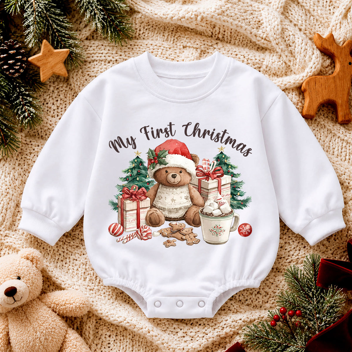 My First Christmas Baby Romper, Teddy Bear Holiday Outfit, Cute Christmas Tree Baby Clothes, Sweet 1st Christmas Gift for Baby — product view 4