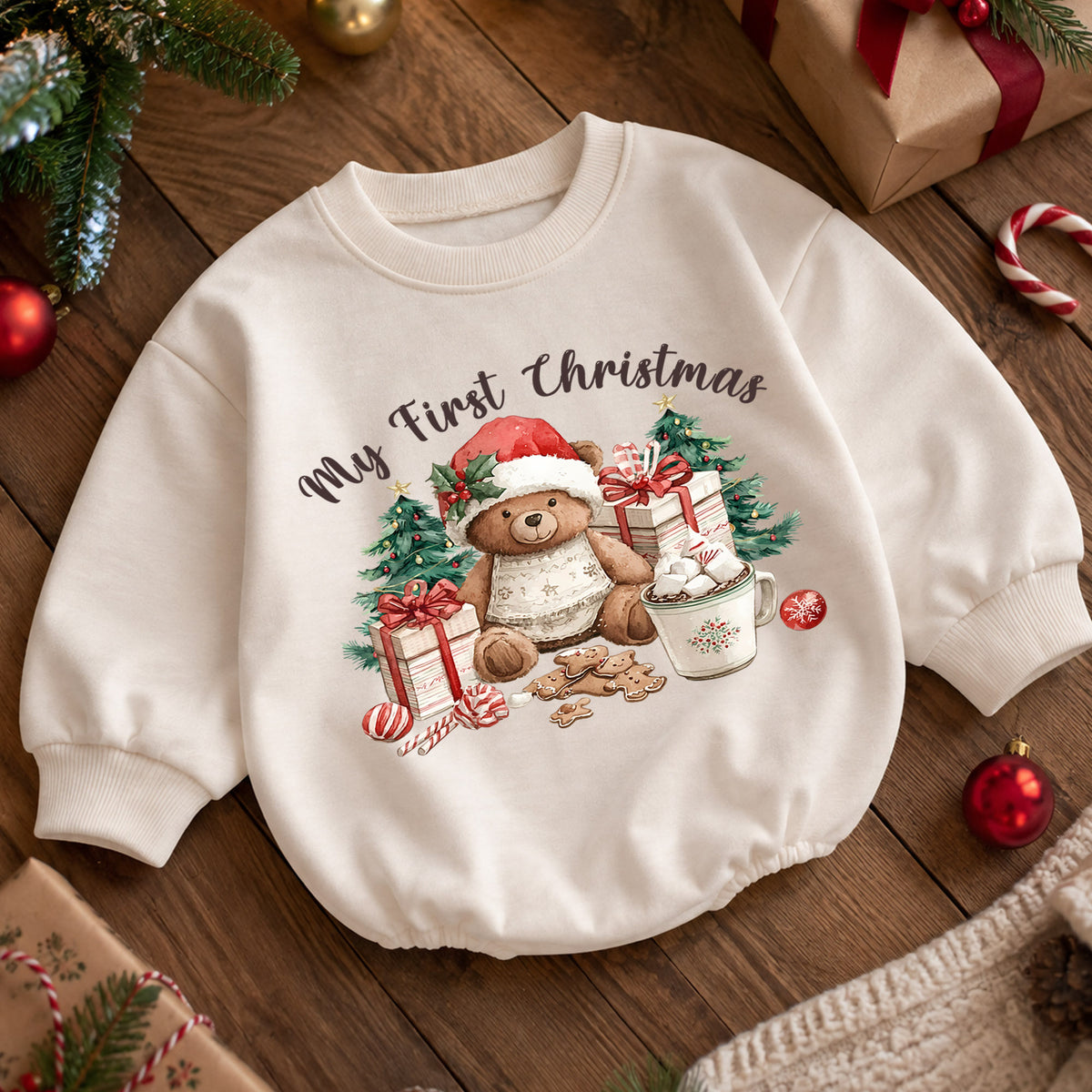 My First Christmas Baby Romper, Teddy Bear Holiday Outfit, Cute Christmas Tree Baby Clothes, Sweet 1st Christmas Gift for Baby — product view 5