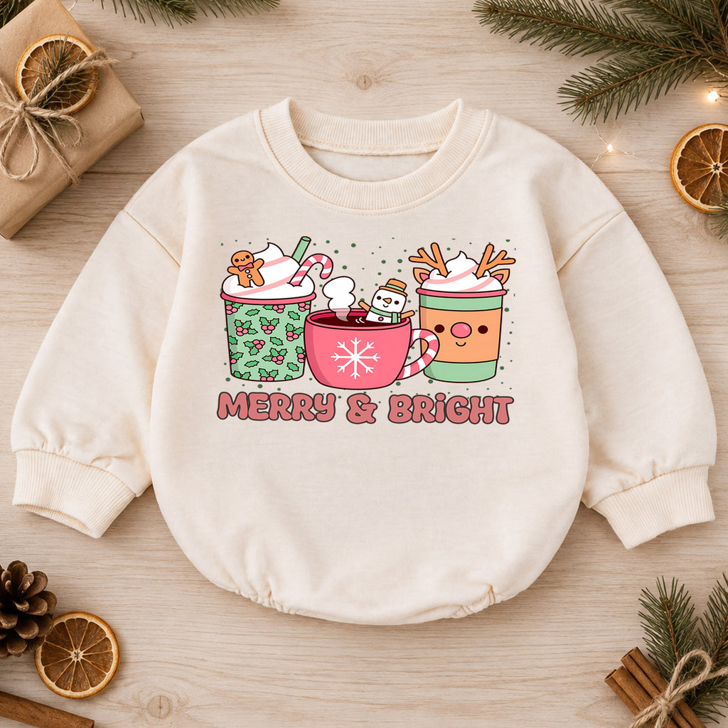 Merry and Bright Cocoa Baby Romper, Cozy Hot Cocoa Christmas Outfit, Baby 1st Christmas Keepsake, Winter 1st Birthday Holiday Gift — product view 1