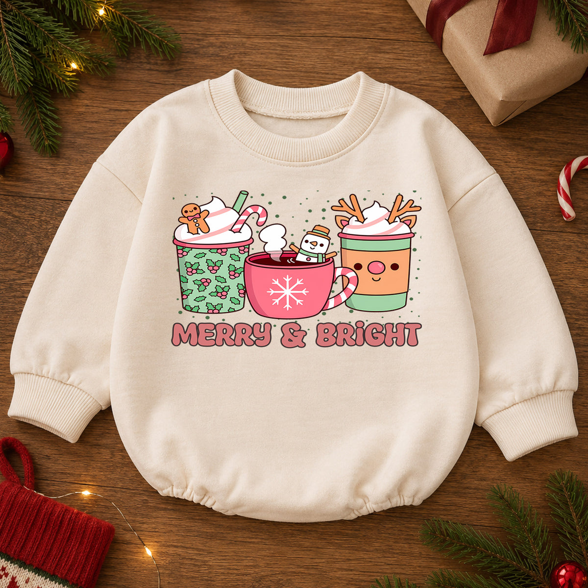 Merry and Bright Cocoa Baby Romper, Cozy Hot Cocoa Christmas Outfit, Baby 1st Christmas Keepsake, Winter 1st Birthday Holiday Gift — product view 2