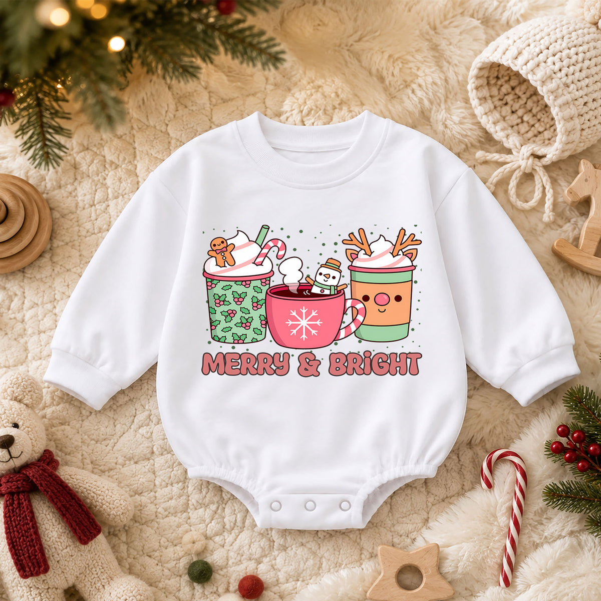 Merry and Bright Cocoa Baby Romper, Cozy Hot Cocoa Christmas Outfit, Baby 1st Christmas Keepsake, Winter 1st Birthday Holiday Gift — product view 3