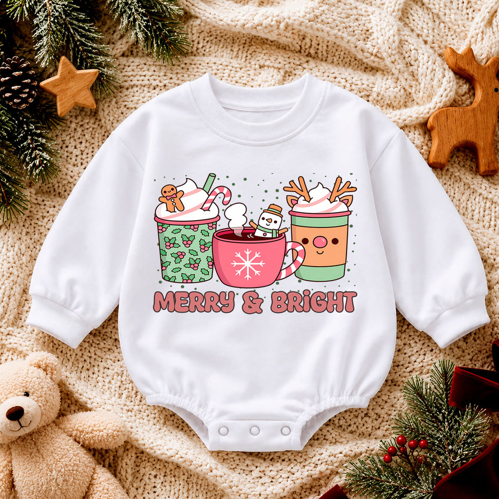 Merry and Bright Cocoa Baby Romper, Cozy Hot Cocoa Christmas Outfit, Baby 1st Christmas Keepsake, Winter 1st Birthday Holiday Gift — product view 4