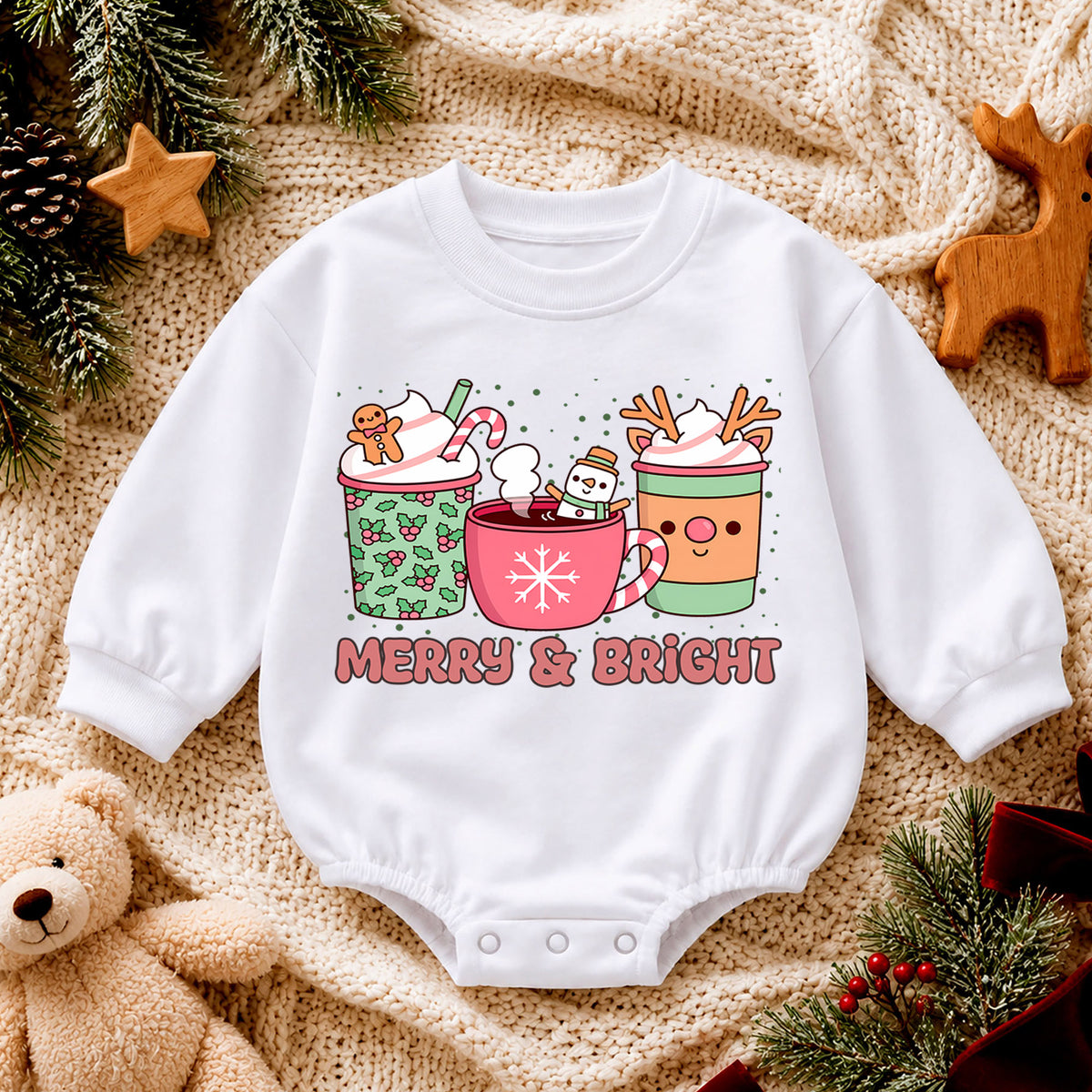 Merry and Bright Cocoa Baby Romper, Cozy Hot Cocoa Christmas Outfit, Baby 1st Christmas Keepsake, Winter 1st Birthday Holiday Gift — product view 4
