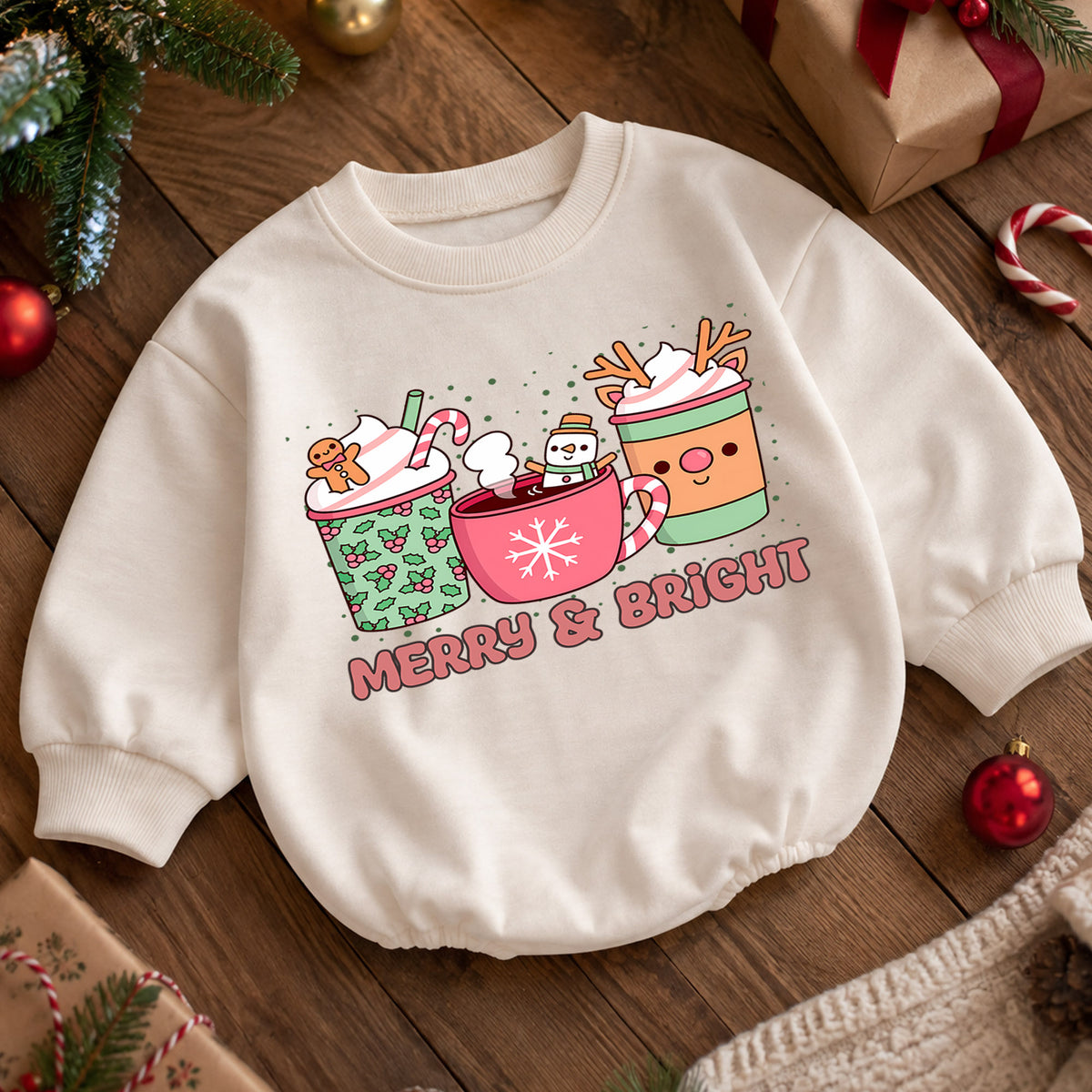 Merry and Bright Cocoa Baby Romper, Cozy Hot Cocoa Christmas Outfit, Baby 1st Christmas Keepsake, Winter 1st Birthday Holiday Gift — product view 5