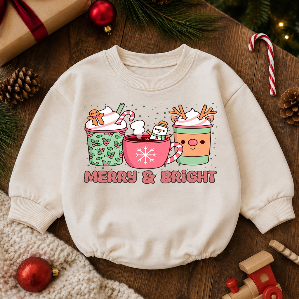 Merry and Bright Cocoa Baby Romper, Cozy Hot Cocoa Christmas Outfit, Baby 1st Christmas Keepsake, Winter 1st Birthday Holiday Gift — product view 6