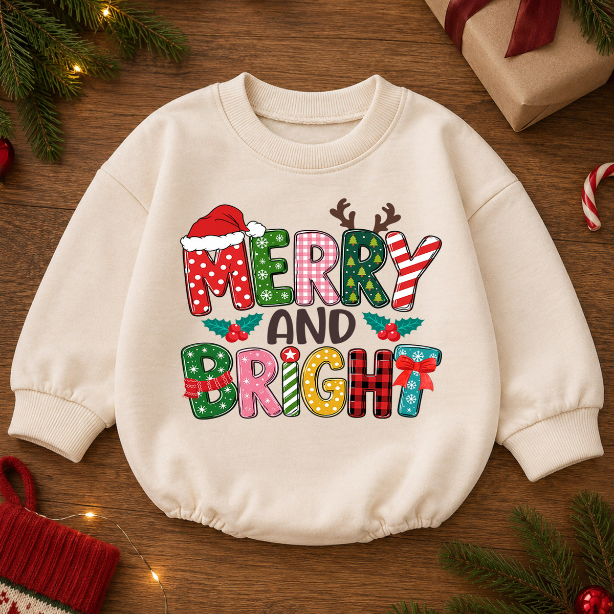 Merry and Bright Baby Romper, Colorful Retro Christmas Outfit, Cute Holiday Romper, Toddler Xmas Gift, Festive Baby Outfit — product view 2