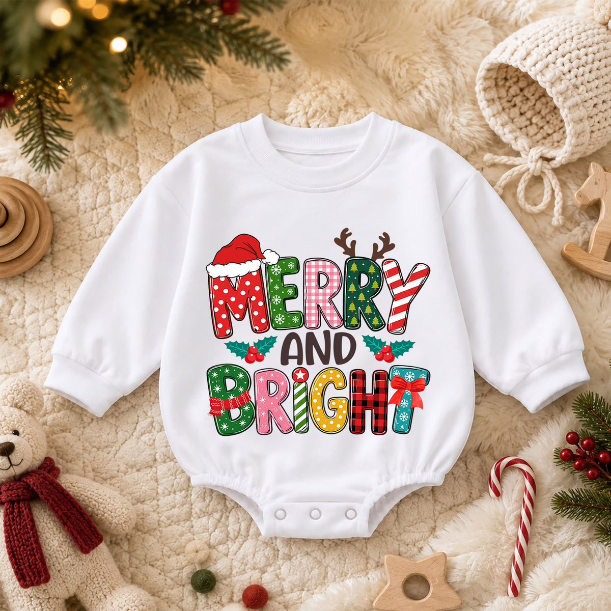 Merry and Bright Baby Romper, Colorful Retro Christmas Outfit, Cute Holiday Romper, Toddler Xmas Gift, Festive Baby Outfit — product view 3